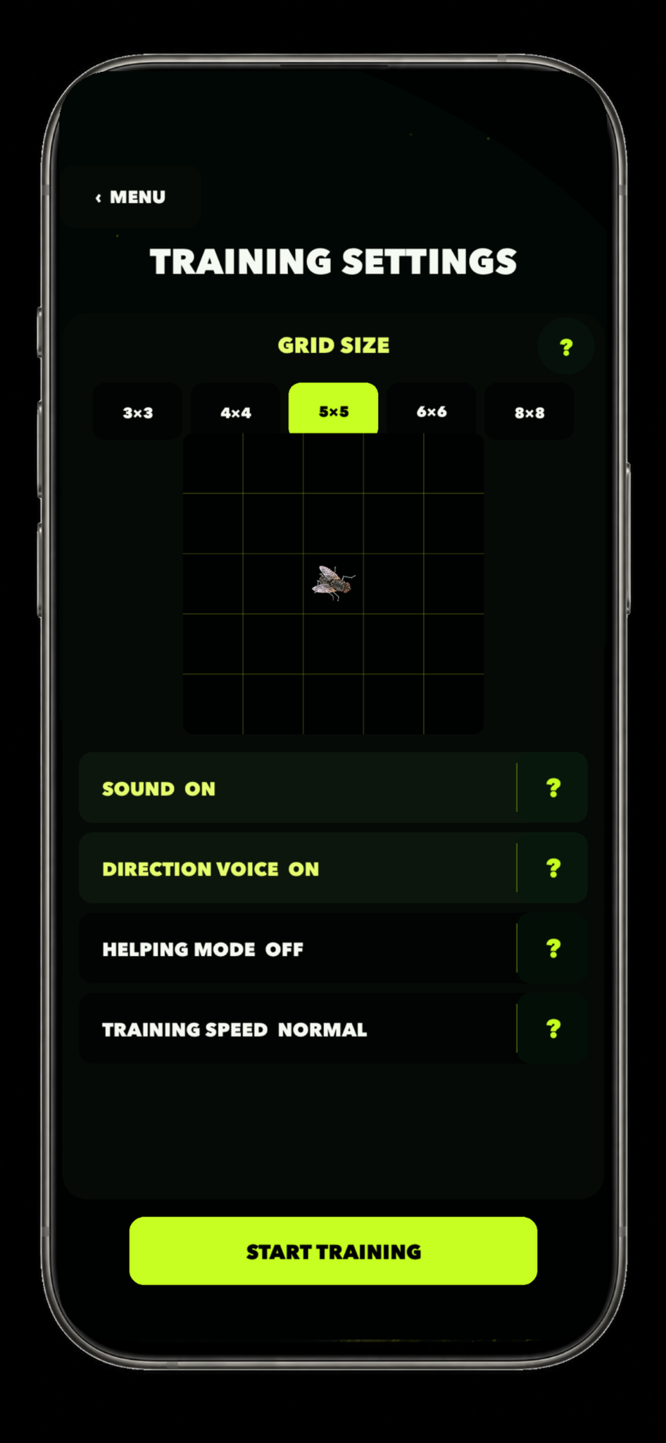 Flucking Fly training settings screen