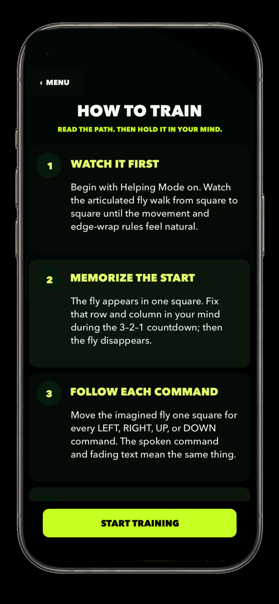 Flucking Fly training instructions screen