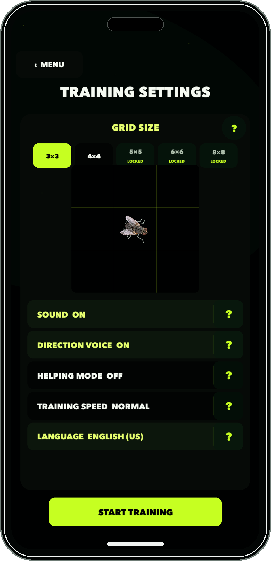Flucking Fly English training settings screen